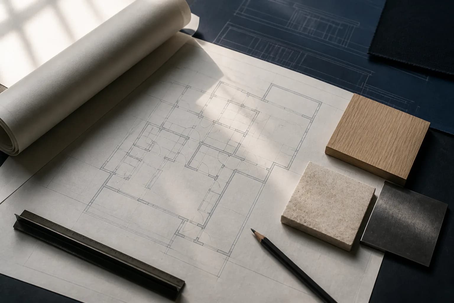 Architectural plans, scale, pencil, and material samples arranged on a planning table.