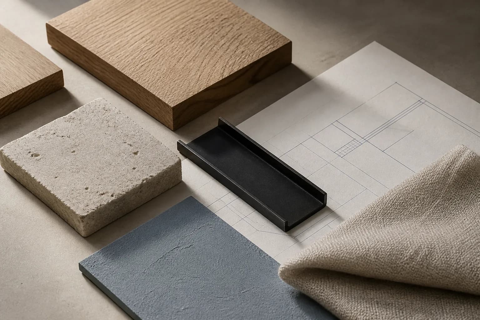 White oak, limestone, steel, plaster, and wool samples arranged as an architectural material study.